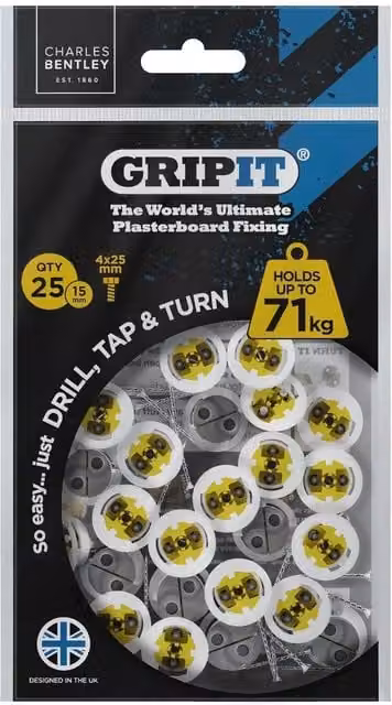 Gripit 15mm Plasterboard Cavity Wall Anchors, 25 Pack, Yellow – 1