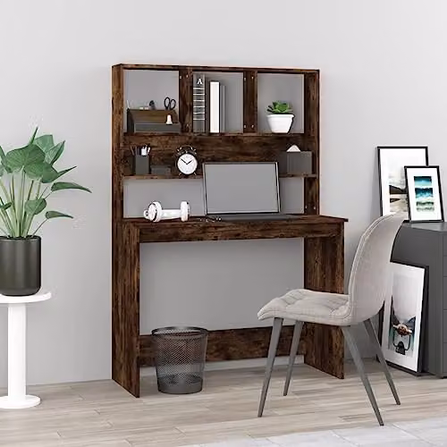 vidaXL Modern Writing Desk with Shelves in Smoked Oak, W/D/H: 102 x 45 x 148 cm – 2
