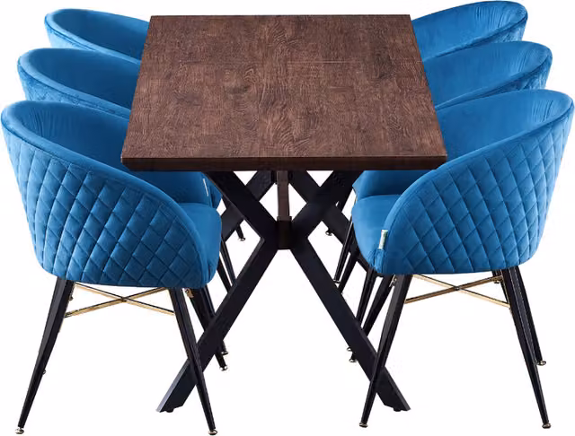Life Interiors Vittorio Blaze LUX Mid-Century Extendable Dining Set with Rectangular Table and 6 Blue Chairs