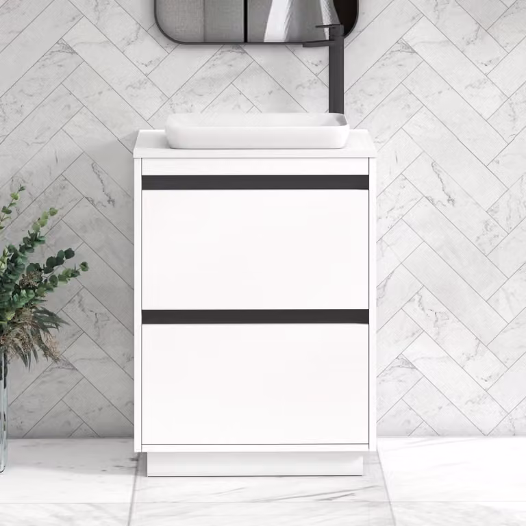 Royal Bathrooms Orion 600mm Matt White Floor Standing 2 Drawer Vanity Unit with Qubix Basin and Black Accent Trim