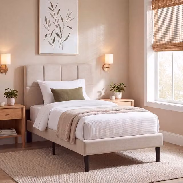 Vida Designs Single Bed in Beige with Upholstered Frame and Wood and Metal Details, W/D/H: 90 x 200 cm