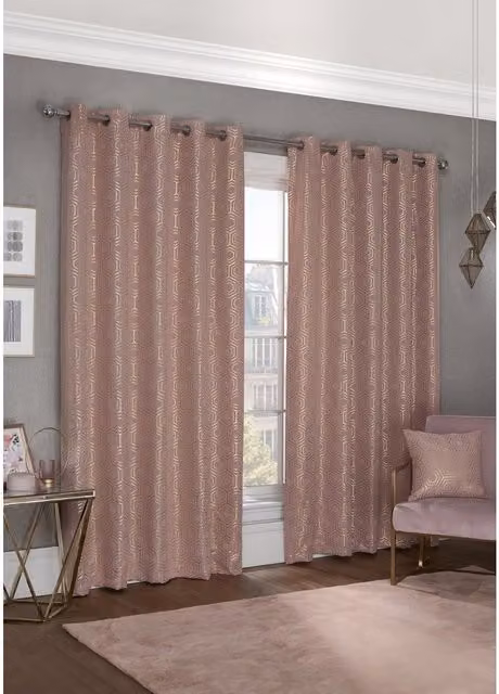 NewEdgeBlinds Geometric Woven Thermal Blackout Eyelet Curtains in Pink