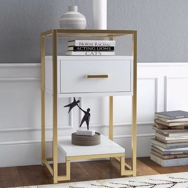 KORVIXA Modern White and Gold Nightstand End Table with Drawer Storage – 1