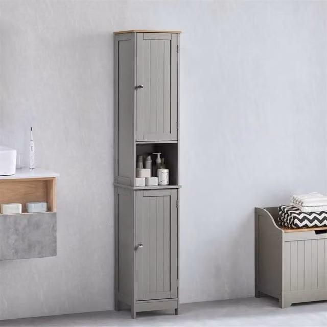 KORVIXA Grey and Oak Bathroom Cabinet Storage Unit with 2 Hinged Doors, W: 60 cm, H: 75 cm
