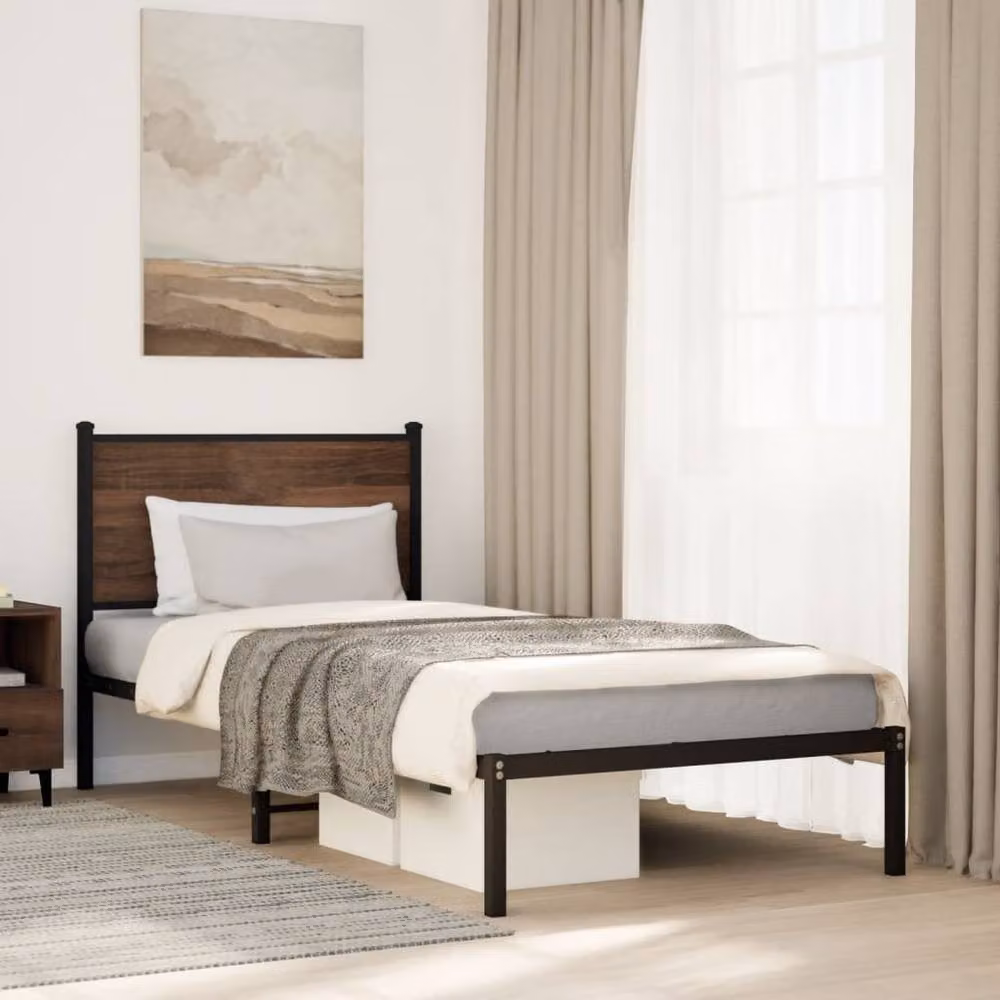 Berkfield Home Single Metal Bed Frame in Brown Oak, W: 90 cm, D: 190 cm – 2
