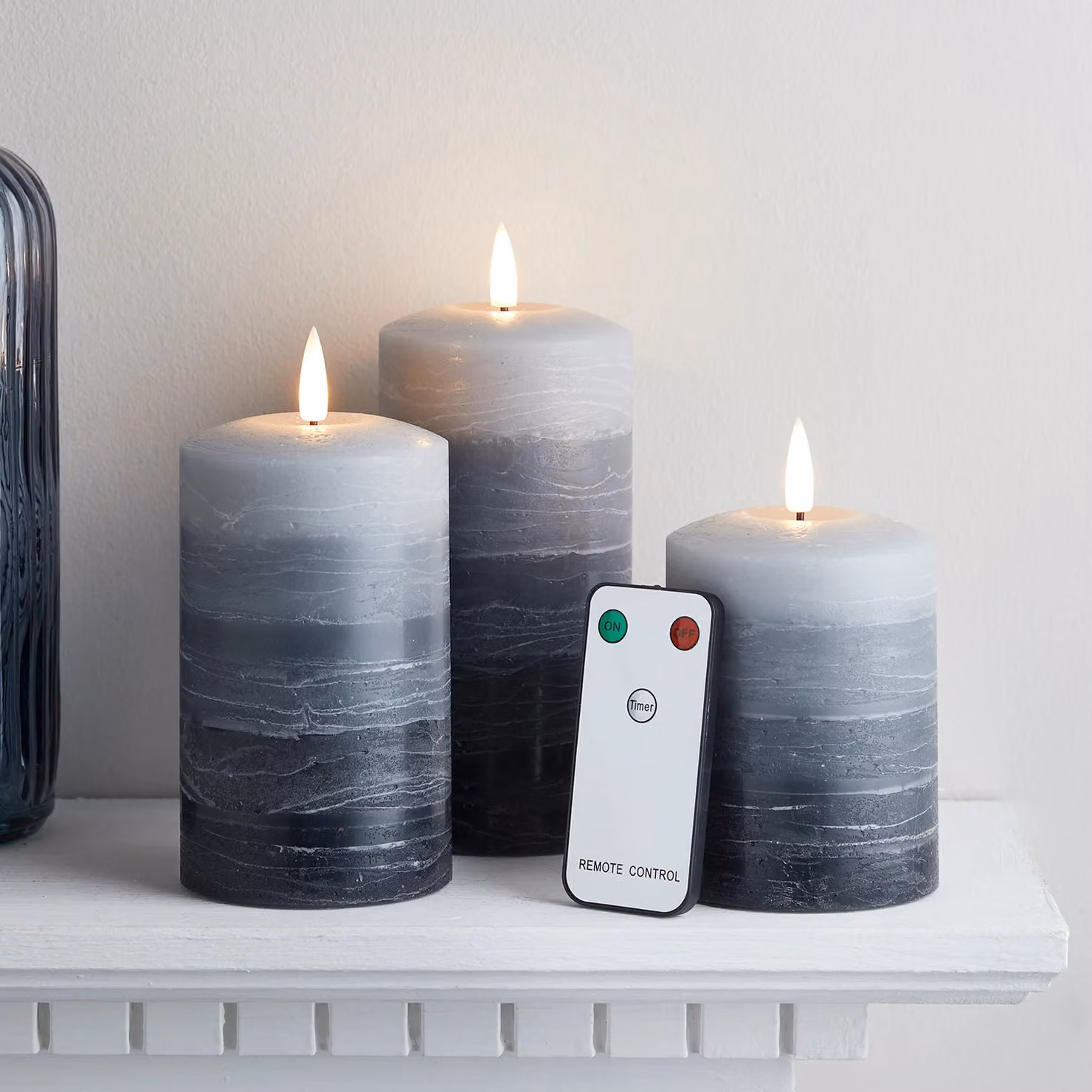 TruGlow Grey Wax LED Pillar Candle Trio with Remote Control, Flicker Effect and Timer