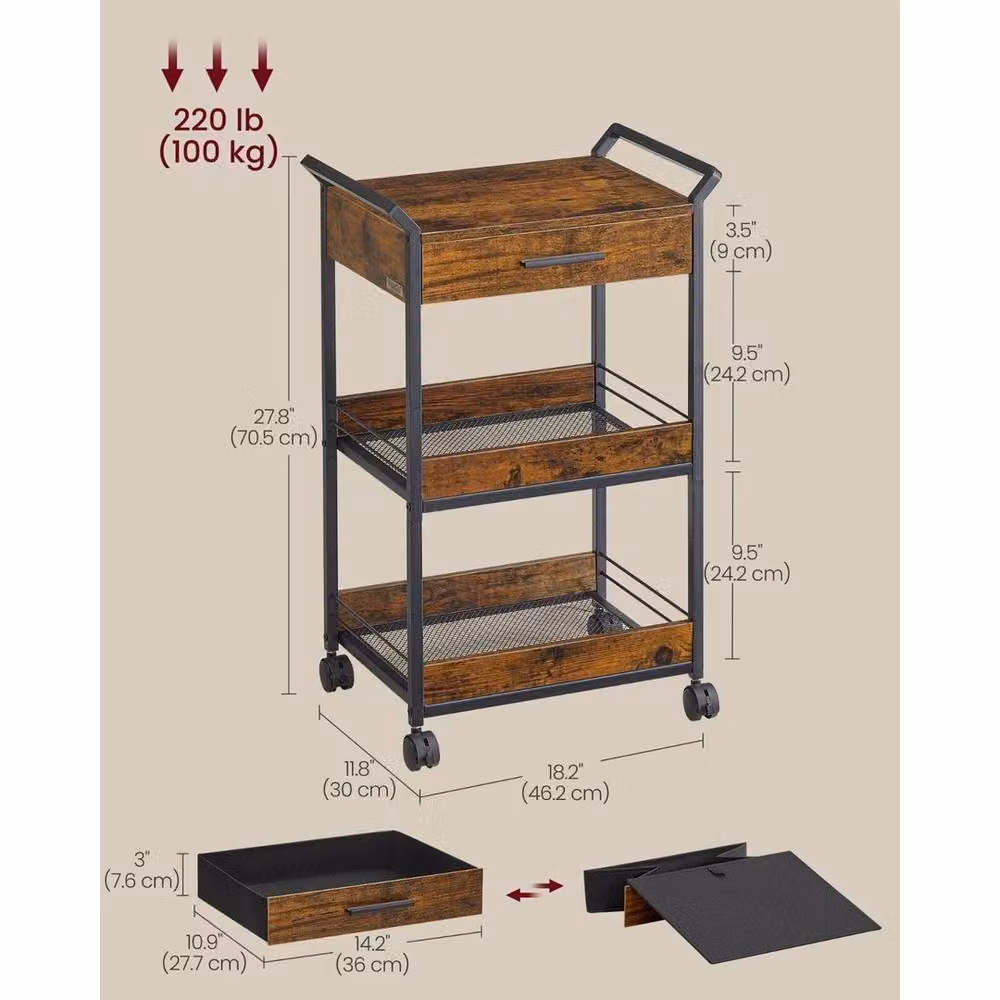 Kelvenix Brown 3-Tier Rolling Cart with Table Top – 2