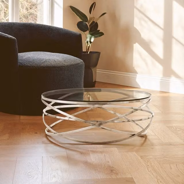Interiors by Premier Orsina Round Silver Coffee Table with Transparent Glass Top