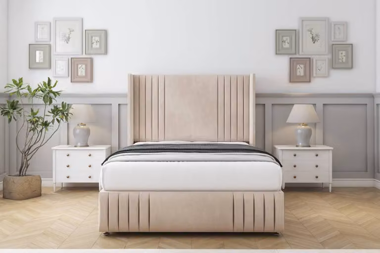 Sloomy Camden Naples Divan Set with Wingback Headboard and Footboard, Light Sand, W/D/H: 200 x 200 x 137.16 cm