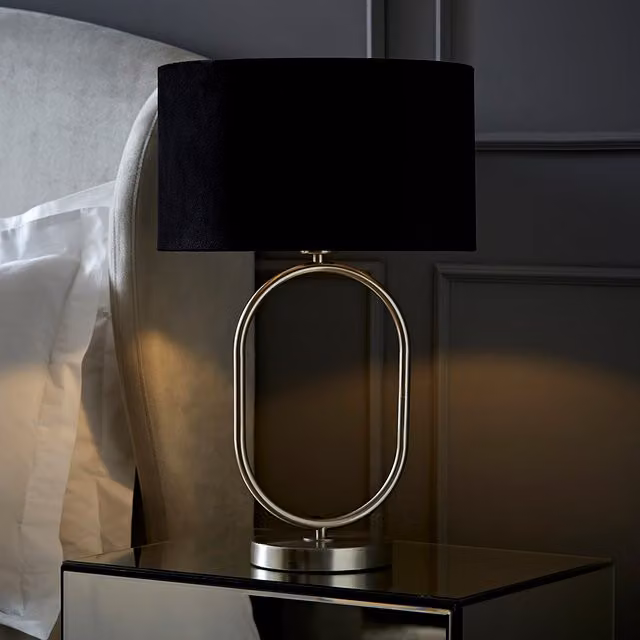 ValueLights Antonia Oval Table Lamp in Brushed Chrome with Black Velvet Drum Shade and LED Bulb
