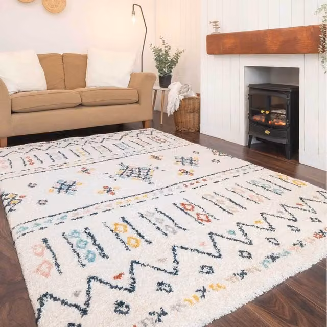 The Rug House Boho Moroccan Multicolour Shaggy Living Area Rug, W: 290 cm, D: 200 cm
