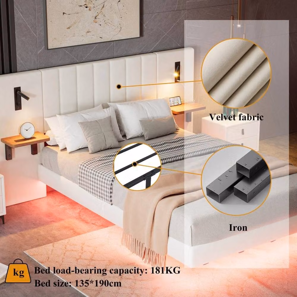 FORGEVIO Upholstered Platform Double Bed Frame in White with Integrated Reading Light, USB Charging Port and Under-Bed Lighting – 2