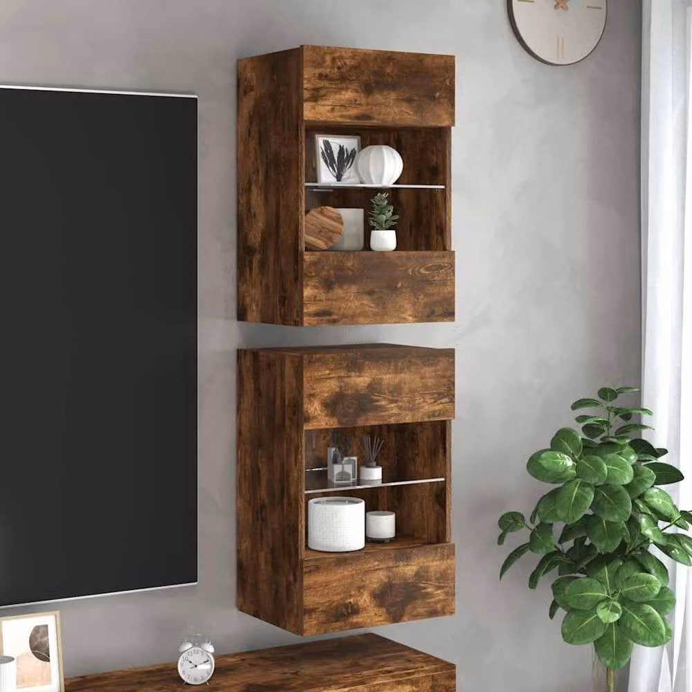 Berkfield Home Set of 2 Modern TV Wall Cabinets with LED Lights in Smoked Oak Brown, W/D/H: 40 x 30 x 60.5 cm – 2
