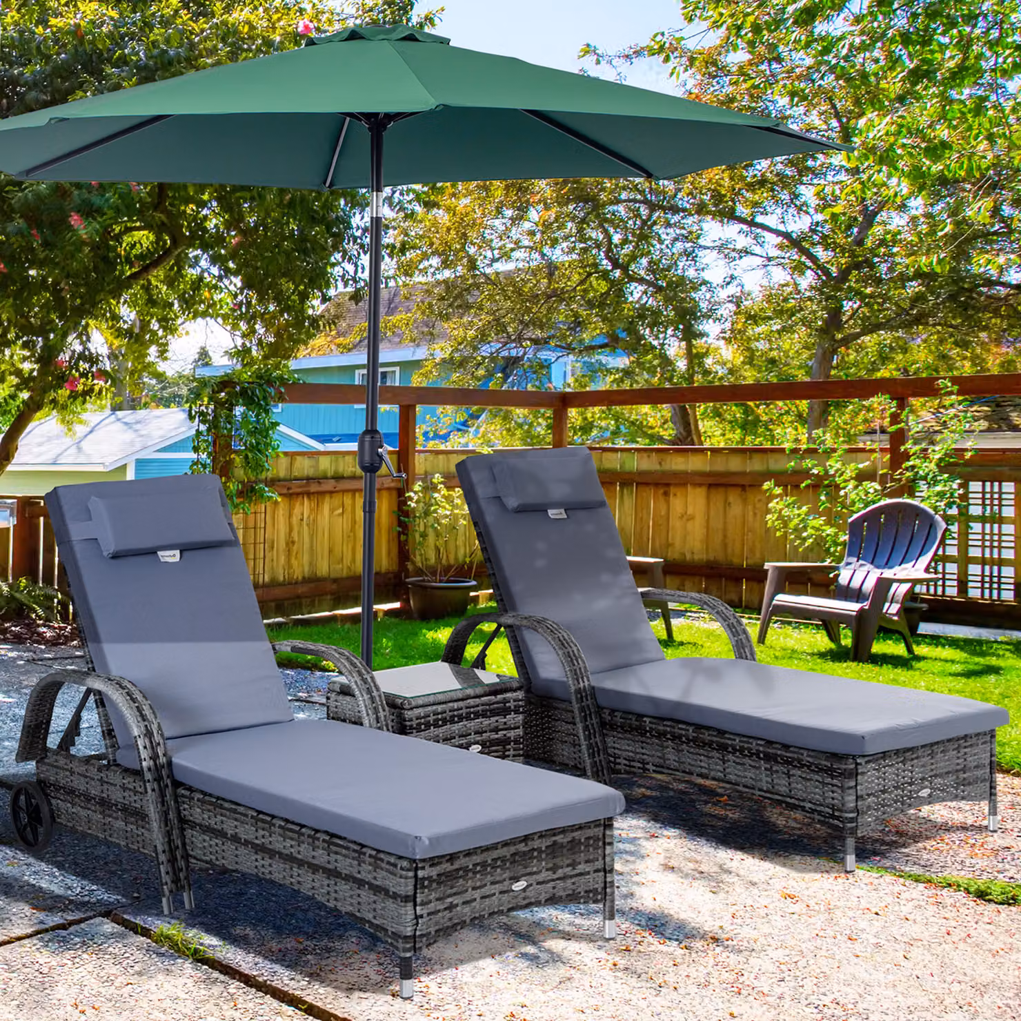 Outsunny 3 Piece Grey PE Rattan Sun Lounger Set with Cushions and Side Coffee Table – 2
