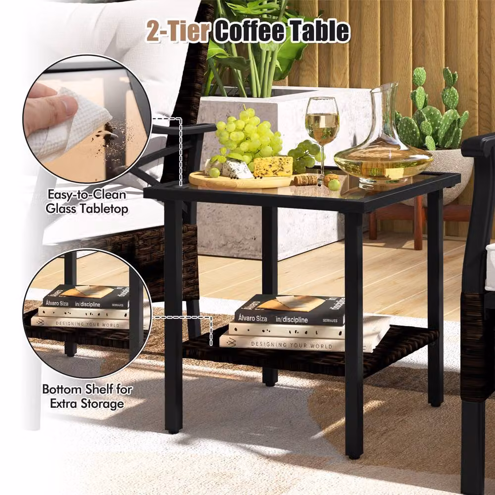 Gymax 5 Piece Dark Brown Polyrattan Patio Set with Armchairs, Coffee Table, Ottomans and Cushions – 8