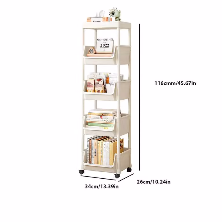 VOGREX 5 Tier White Rolling Storage Trolley Cart with Wheels H 116 x W 34 x D 26 cm