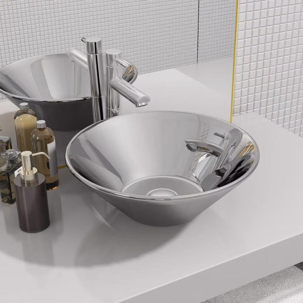 Berkfield Home Ceramic Round Countertop Wash Basin in Silver, W: 42 cm, D: 14 cm – 2