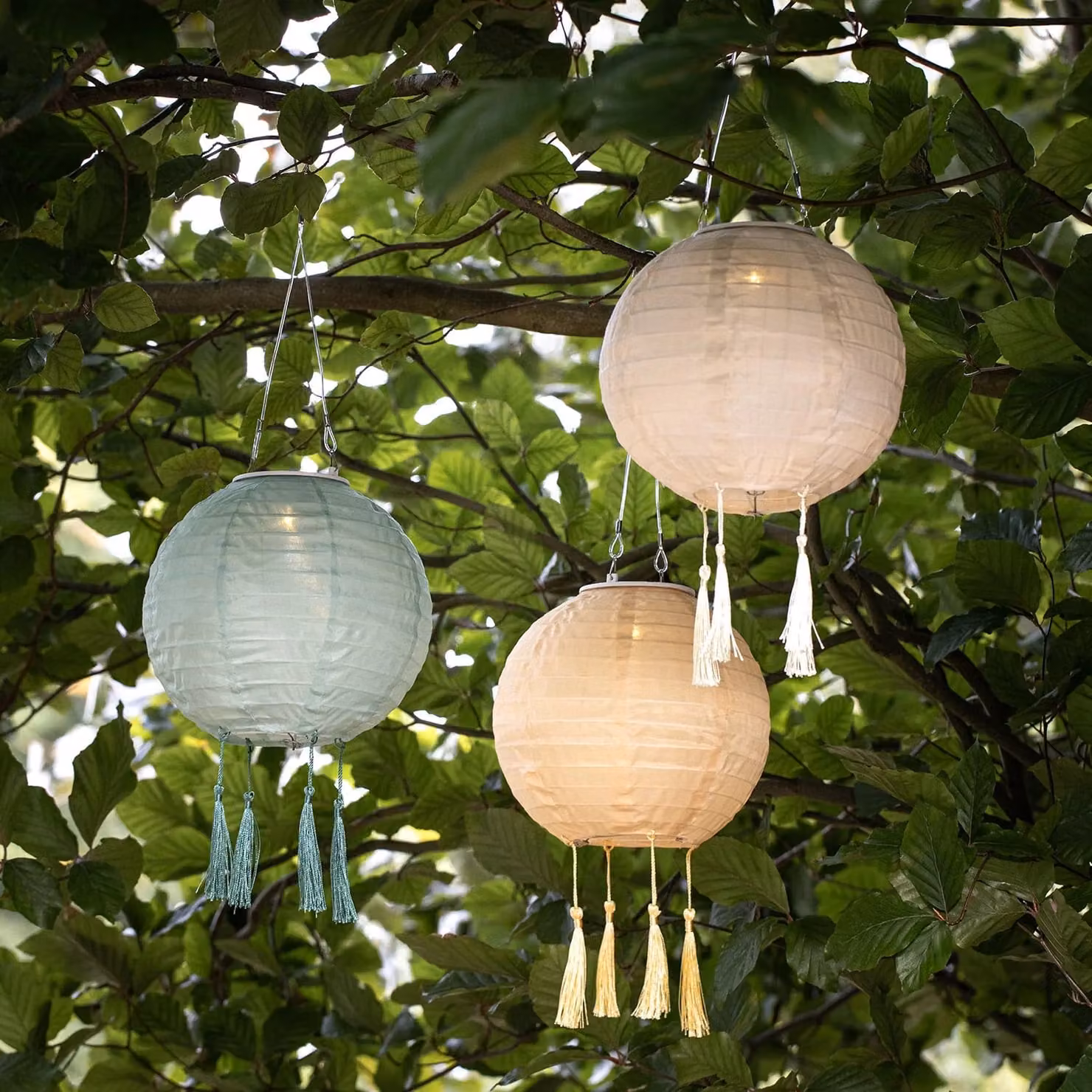 Lights4fun 3 Pastel Lucena Tassel Hanging Solar LED Lanterns in Yellow and Green