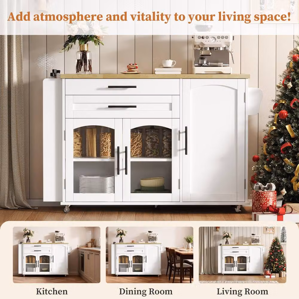 Merax White Mobile Kitchen Island Storage Cabinet with Glass Doors and Foldable Worktop – 3