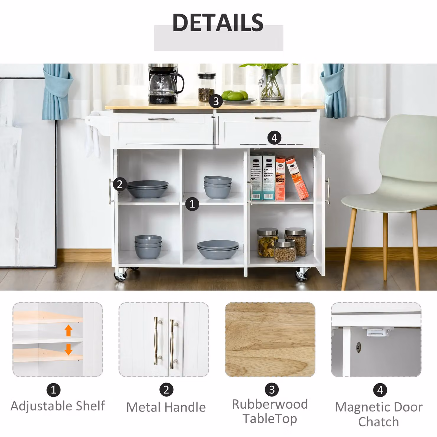 HOMCOM Modern Kitchen Island Utility Cart with 2 Storage Drawers and Cabinets in White – 2