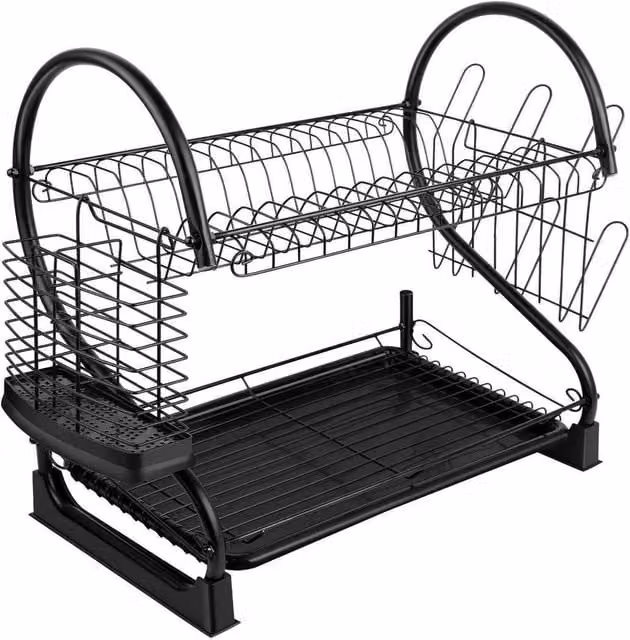 FORGEVIO 2 Tier Metal Kitchen Sink Dish Drainer Rack in Black