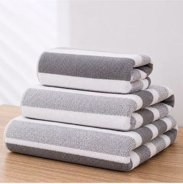 Dyzi Set of 3 Quick Dry Striped Hand and Bath Towels in Grey