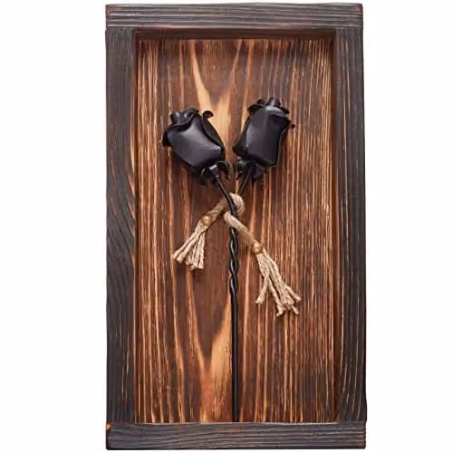 Novecrafto Black Forged Iron Roses in a Brown Burnt Wood Frame, Rectangular Wall Decor