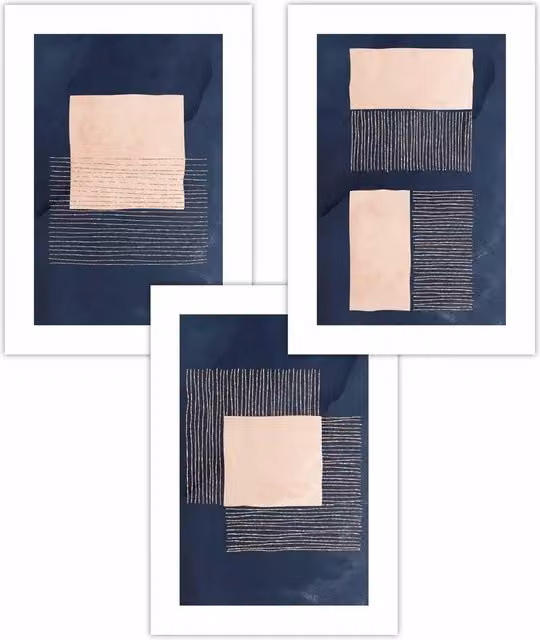 ARTZE Set of 3 Modern Abstract Geometric Art Paper Posters in Blue, Pink, Gold and White, W: 50 cm x H: 70 cm