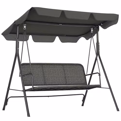 Outsunny 3-Seater Outdoor PE Rattan Swing Chair with Adjustable Canopy and Powder Coated Steel Stand, Grey – 1