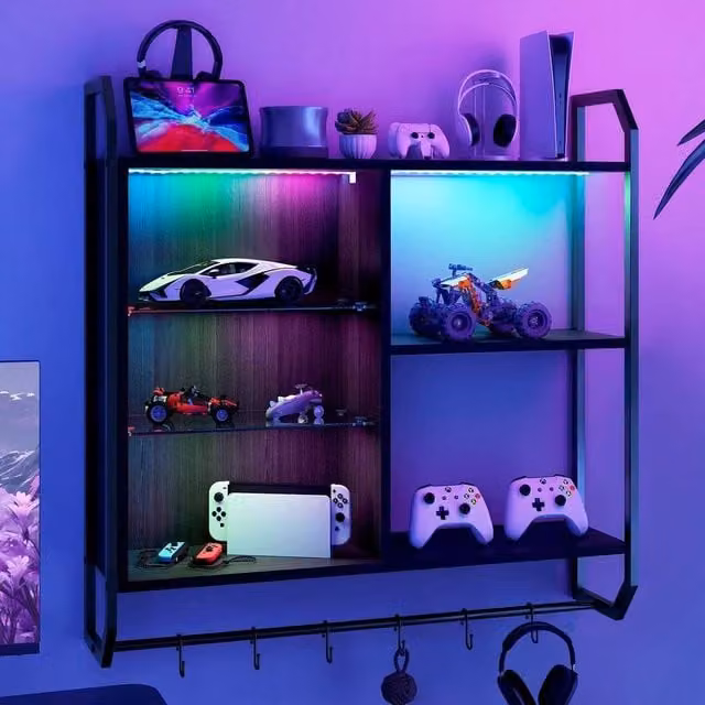 VOGREX Black Floating Wood Wall Cabinet with RGB LED Integrated Lighting, Adjustable Shelves and 6 Hooks