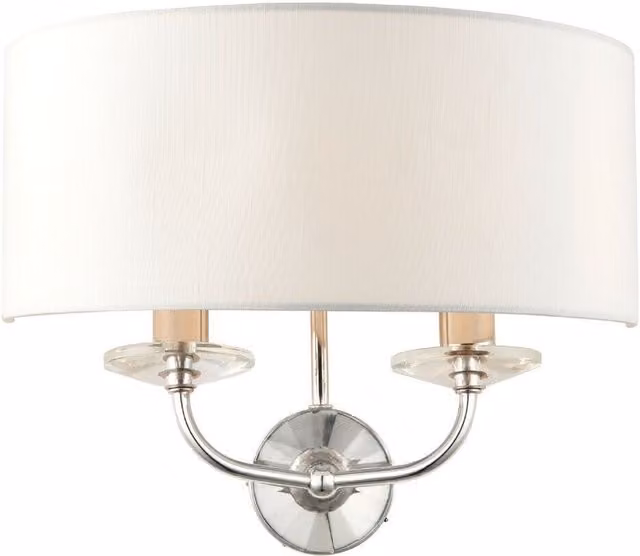 Loops Dimmable Twin Wall Light with White Fabric Shade and Silver Curved Arm Fitting