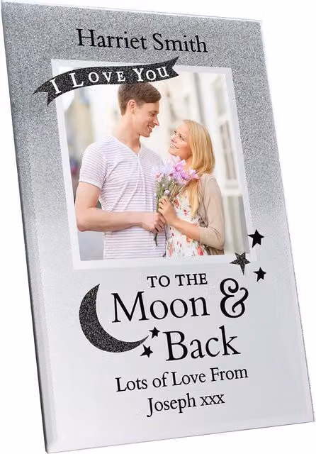 Personalised Memento Company To the Moon & Back Glitter Glass Photo Frame, Metallic Silver, W/D/H: 10.16 x 10.16 x 10.16 cm