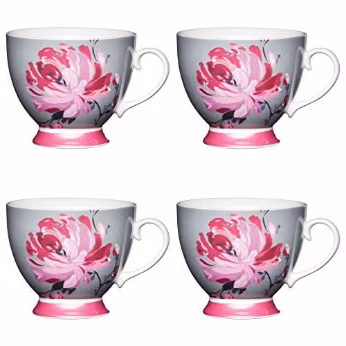 KitchenCraft Bone China Pink Flower Floral Printed Mugs, 400 ml, Grey and Pink (Set of 4) – 1