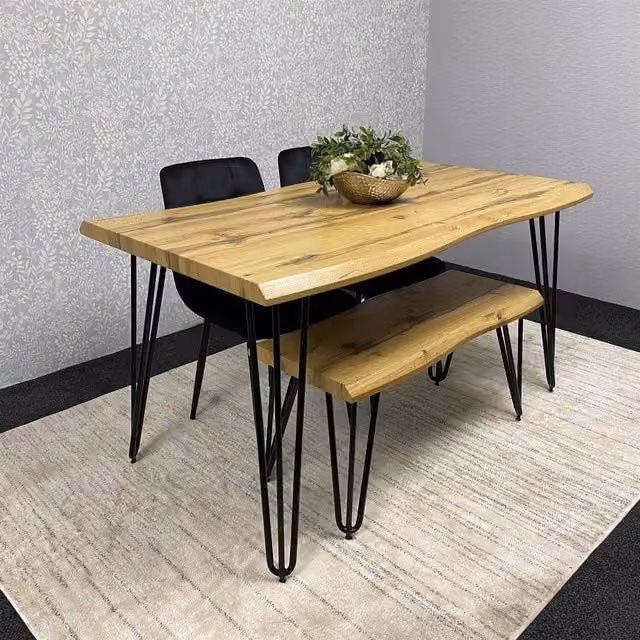 Kosy Koala Rustic Wood Dining Set with Rectangular Live Edge Table, Bench and 2 Black Velvet Chairs