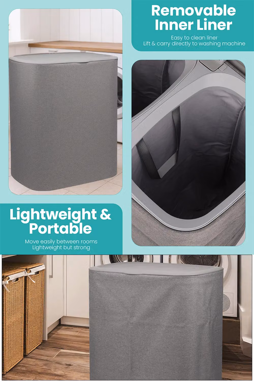 Neel Blue 90L Large Laundry Basket with Dual-Compartment, Lid and Handles in Grey – 3