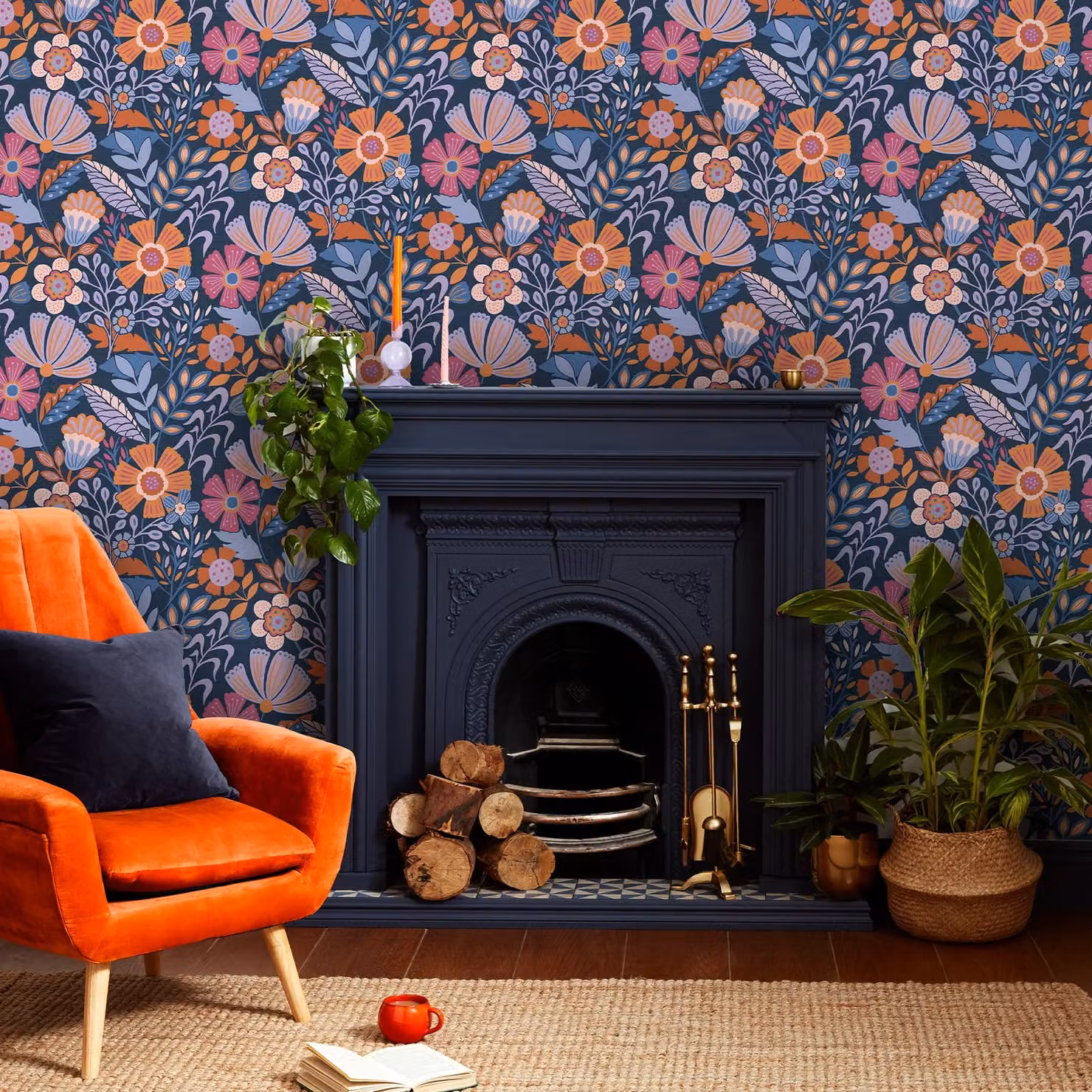 Oopsy Daisy Envy Botanical Floral Wallpaper in Blue, Pink and Orange, W: 52 cm, H: 1000 cm – 2