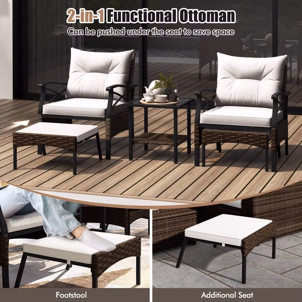 Gymax 5 Piece Dark Brown Polyrattan Patio Set with Armchairs, Coffee Table, Ottomans and Cushions – 4