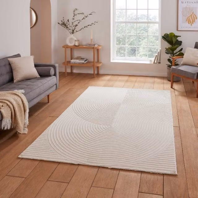 Terrys Modern Striped Rectangular Washable Polyester Rug in Beige and White