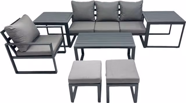 Fimous 6 Seat Aluminium Lounge Set in Dark Grey with 3 Seater Sofa, Coffee Table and Ottoman – 1
