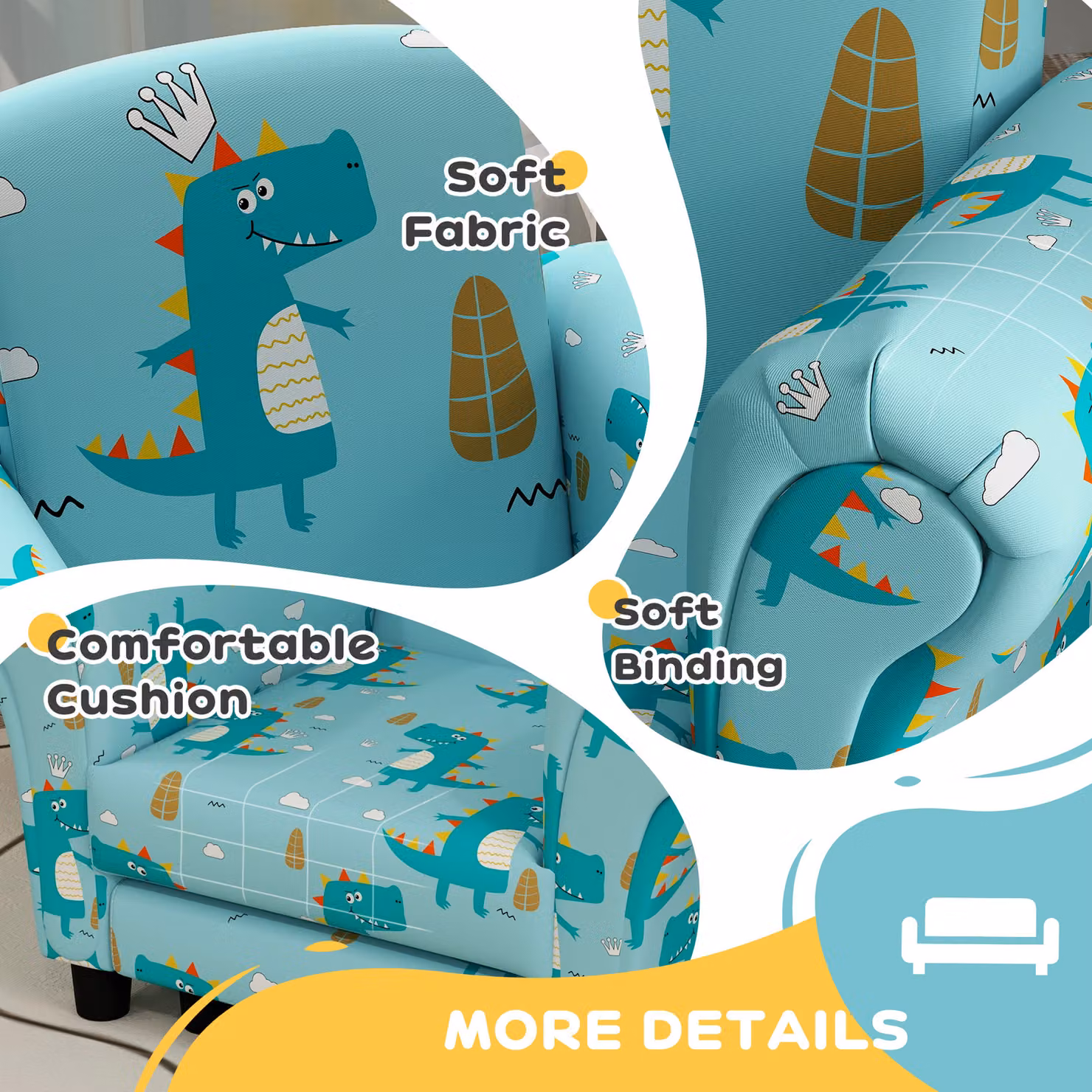 AIYAPLAY 2 Piece Kids Sofa Set with Dinosaur Design, Blue Fabric and Foam with Solid Wood Frame including Ottoman – 4