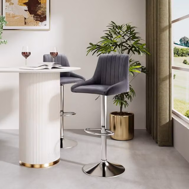 Spinningfield Set of 2 Grey Velvet Gas Lift Adjustable Height Bar Stools with Metal Frames