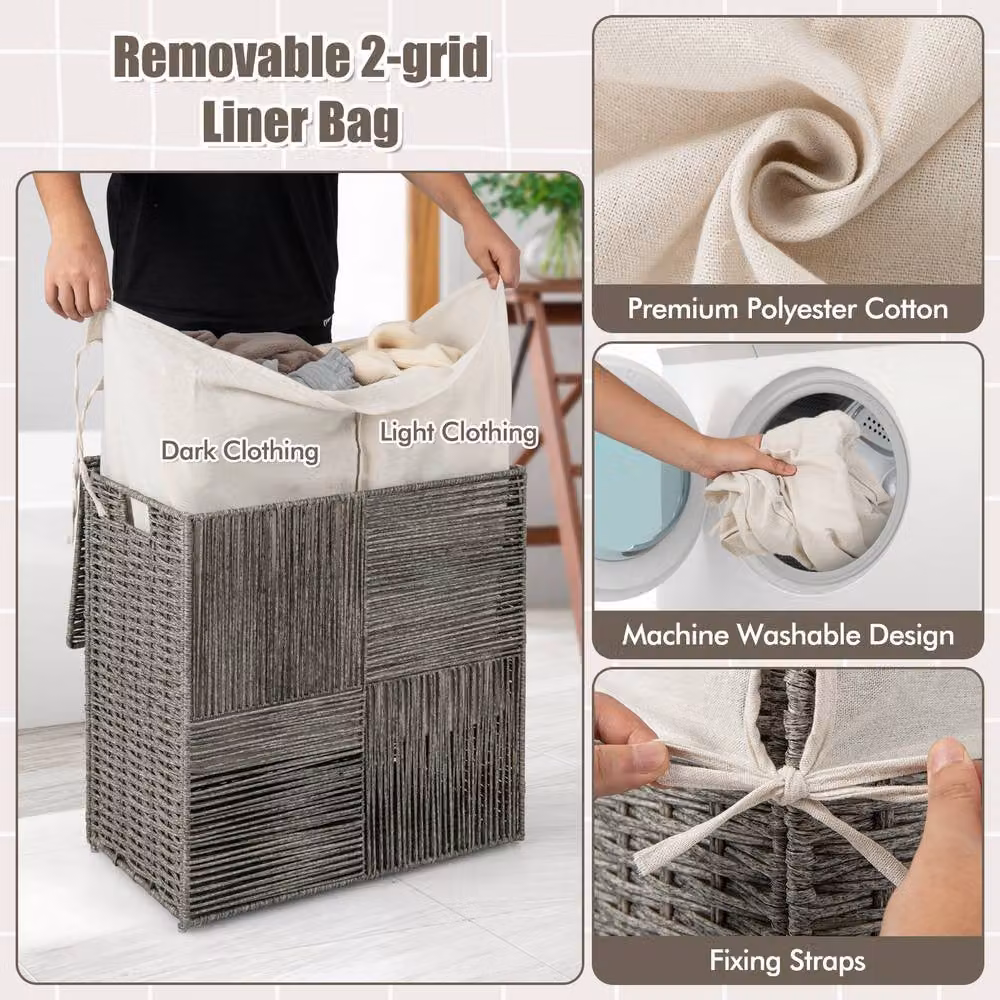 Costway 110L Hand-woven Rattan Laundry Basket with Lid and Removable Bag in Grey – 2