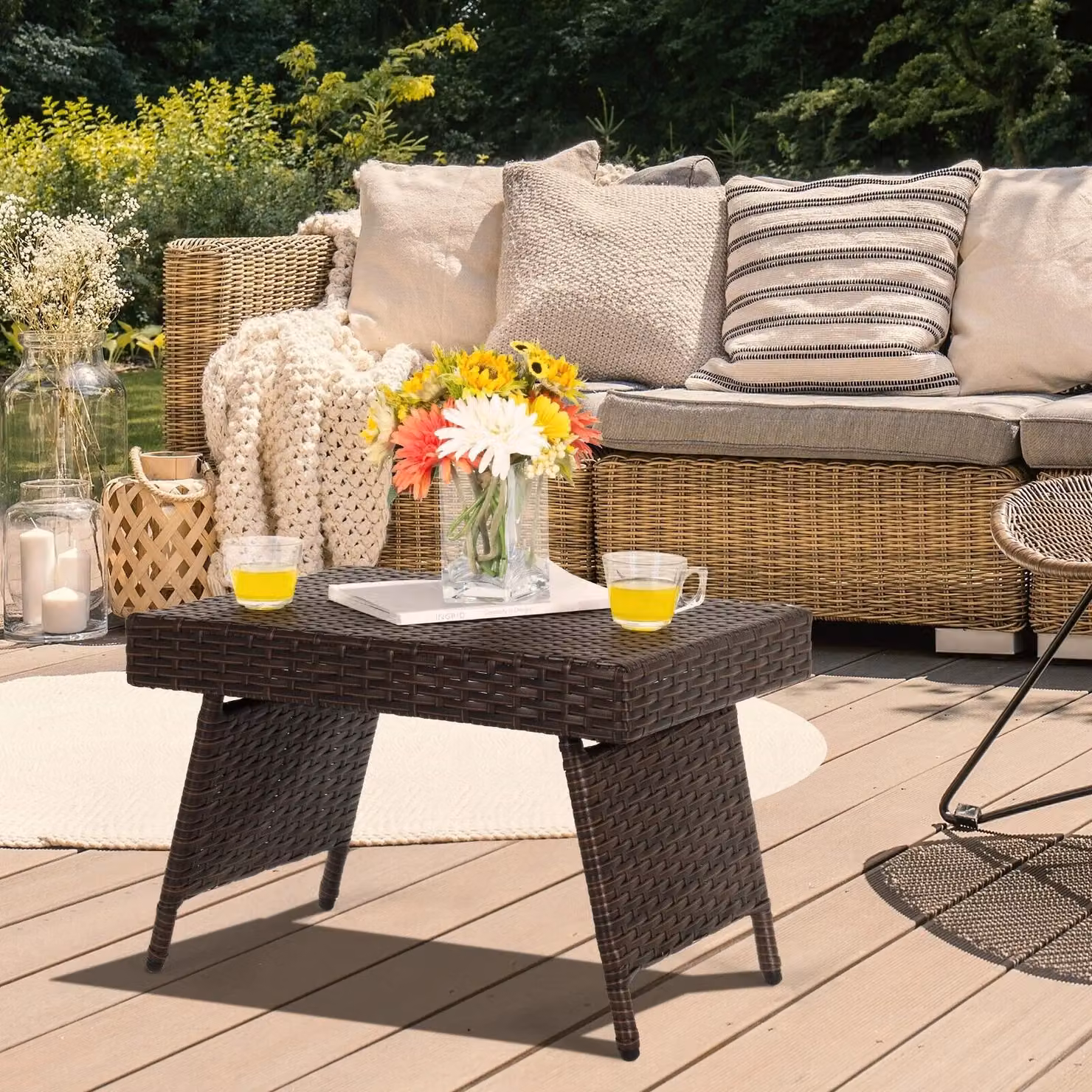 Costway Brown Wicker Folding Outdoor Patio Rattan Coffee Table and Side Table – 3