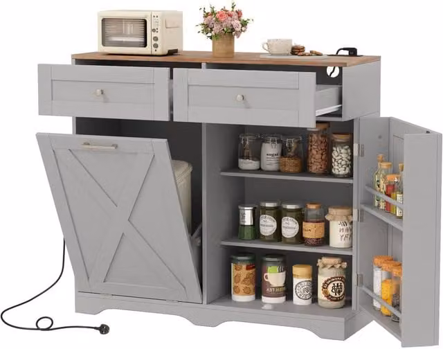 Costway Grey Tilt Out Trash Can Cabinet with Outlets and 2 Drawers – 1
