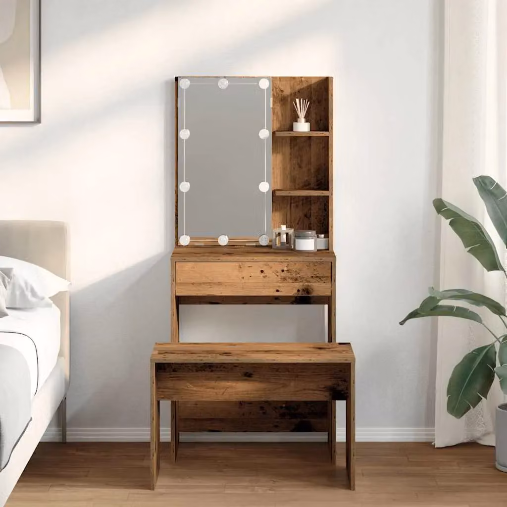 Berkfield Home Hollywood LED Dressing Table Set in Brown Rustic Old Wood – 3