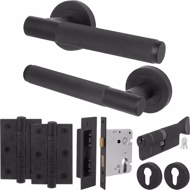 AFIT Matt Black Door Handle Euro Lock Turn Cylinder Set with Hinges, Size: 150 x 150 mm – 1