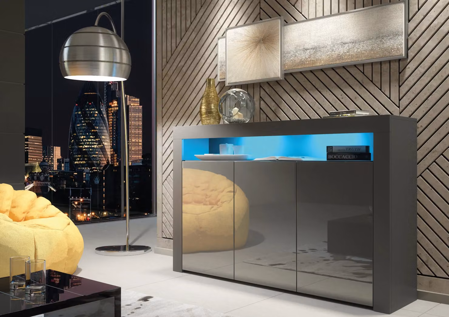Mex Furniture LTD Modern Glossy Sideboard with Integrated LED Lighting in Dark Grey, W: 155 cm, H: 92 cm, D: 40 cm – 3