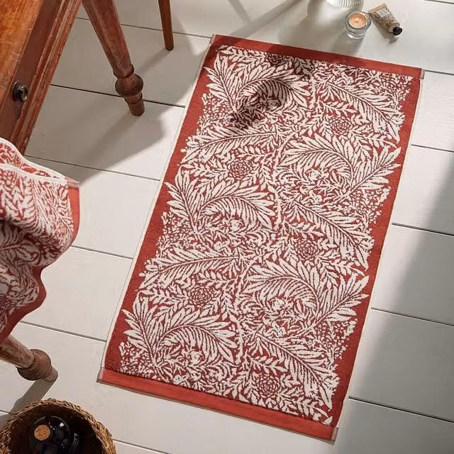 William Morris At Home Larkspur Floral Cotton Bath Mat in Orange, Beige and Red