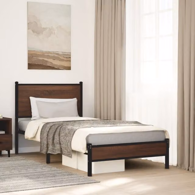 Berkfield Home Metal Bed Frame in Brown Oak, W/D/H: 90 x 190 cm Single – 1