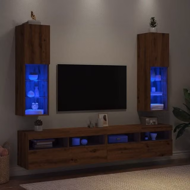Berkfield Home Artisan Oak TV Cabinets with Integrated LED Lights, Brown, W/D/H: 30.5 x 30 x 102 cm, Set of 2